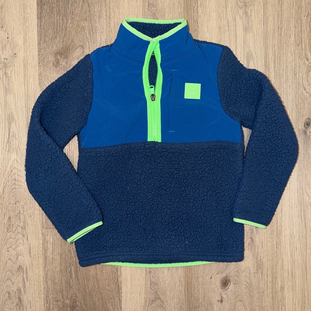 Under Armour Boys YSM Blue Sherpa Fleece 1/4 Zip Pullover Neon Trim